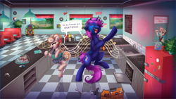 Size: 5000x2813 | Tagged: safe, artist:confetticakez, imported from derpibooru, oc, oc only, oc:cinnamon spangled, oc:makermatic, earth pony, unicorn, baking, bandana, bowl, cafe, cinnamon bun, clothes, commission, dancing, diner, dress, female, food, guitar, jukebox, kitchen, male, mare, mixing bowl, music, music notes, musical instrument, refrigerator, restaurant, retro, singing, stallion, tools