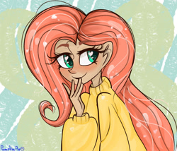 Size: 1920x1646 | Tagged: safe, artist:pumpkin-pie-13, imported from derpibooru, fluttershy, human, abstract background, clothes, heart eyes, humanized, solo, sweater, sweatershy, wingding eyes