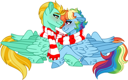 Size: 1024x646 | Tagged: safe, artist:artistcoolpony, imported from derpibooru, lightning dust, rainbow dash, pegasus, pony, clothes, commission, female, floppy ears, lesbian, looking at each other, lying down, mare, prone, rainbowdust, scarf, shared clothing, shared scarf, shipping, simple background, transparent background