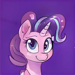 Size: 1024x1024 | Tagged: safe, artist:thisponydoesnotexist, imported from derpibooru, pony, ai content, ai generated, bust, derp, generator:thisponydoesnotexist, neural network, not starlight glimmer, portrait, purple background, simple background, solo
