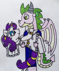 Size: 1280x1525 | Tagged: safe, artist:darkstarnightwalker, imported from derpibooru, rarity, spike, clothes, dress, female, looking at each other, male, marriage, older, older spike, shipping, sparity, straight, suit, wedding