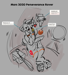 Size: 1677x1844 | Tagged: safe, artist:alumx, imported from derpibooru, oc, oc only, pony, robot, robot pony, unicorn, cheek squish, diagram, female, mars rover, perseverance, sketch, solo, squishy cheeks, wheel