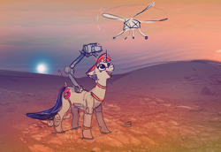 Size: 3904x2685 | Tagged: safe, artist:alumx, imported from derpibooru, oc, oc only, pony, robot, robot pony, unicorn, drone, female, ingenuity, looking at something, looking up, manipulator, mars, mars rover, open mouth, perseverance, ponified, smiling, solo, standing, three quarter view