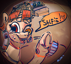 Size: 1600x1437 | Tagged: safe, artist:alumx, imported from derpibooru, oc, oc only, pony, robot, robot pony, unicorn, camera, crying, diagram, female, mars rover, one eye closed, perseverance, selfie, solo, tears of joy, wave, wheel, wink