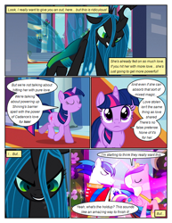 Size: 612x792 | Tagged: safe, artist:newbiespud, edit, edited screencap, imported from derpibooru, screencap, princess cadance, queen chrysalis, shining armor, twilight sparkle, alicorn, changeling, changeling queen, pony, unicorn, comic:friendship is dragons, a canterlot wedding, season 2, angry, clothes, comic, dialogue, evil grin, eyelashes, eyes closed, female, frown, grin, hoof shoes, indoors, jewelry, looking back, looking up, male, mare, peytral, raised hoof, screencap comic, smiling, stallion, tiara, unicorn twilight