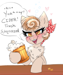 Size: 2132x2544 | Tagged: safe, artist:confetticakez, imported from derpibooru, oc, oc only, oc:cinnamon spangled, earth pony, pony, bandana, blushing, chest fluff, cider, cider mug, dialogue, drunk, female, mare, mug, slurred speech, solo