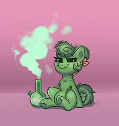 Size: 1514x1597 | Tagged: safe, artist:confetticakez, imported from derpibooru, oc, oc only, oc:cinnamon spangled, earth pony, pony, bandana, bong, chest fluff, color change, drug use, drugs, female, high, mare, marijuana, simple background, sitting, smiling, smoke, smoke weed erryday, smoke weed everyday, solo, underhoof