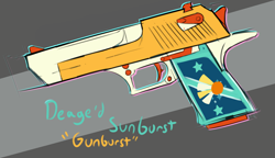 Size: 2166x1248 | Tagged: artist needed, source needed, safe, imported from derpibooru, sunburst, desert eagle, gun, handgun, inanimate tf, objectification, transformation, weapon