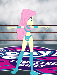 Size: 1340x1765 | Tagged: safe, artist:invisibleink, imported from derpibooru, fluttershy, equestria girls, ass, butt, clothes, cutie mark, elbow pads, flexing, flutterbutt, knee pads, pose, solo, sports, sports bra, sports panties, wrestler, wrestling, wrestling ring
