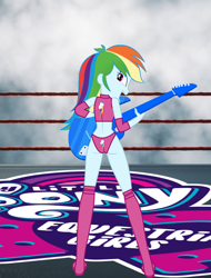 Size: 1340x1765 | Tagged: safe, artist:invisibleink, imported from derpibooru, rainbow dash, equestria girls, ass, butt, clothes, cutie mark, elbow pads, female, guitar, knee pads, musical instrument, solo, sports, sports bra, sports panties, wrestler, wrestling, wrestling ring