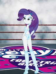 Size: 1340x1765 | Tagged: safe, artist:invisibleink, imported from derpibooru, rarity, equestria girls, ass, butt, clothes, cutie mark, elbow pads, female, knee pads, looking at you, pose, solo, sports, sports bra, sports panties, wrestler, wrestling, wrestling ring