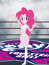 Size: 1340x1765 | Tagged: safe, artist:invisibleink, imported from derpibooru, pinkie pie, equestria girls, breasts, clothes, cutie mark, elbow pads, female, knee pads, looking at you, pose, solo, sports, sports bra, sports panties, wrestler, wrestling, wrestling ring