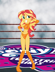 Size: 1340x1765 | Tagged: safe, artist:invisibleink, imported from derpibooru, sunset shimmer, equestria girls, breasts, clothes, cutie mark, elbow pads, female, knee pads, looking at you, pose, smiling, smiling at you, solo, sports, sports bra, sports panties, wrestler, wrestling, wrestling ring