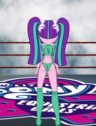 Size: 1340x1765 | Tagged: safe, artist:invisibleink, imported from derpibooru, aria blaze, equestria girls, ass, butt, clothes, cutie mark, female, knee pads, looking back, solo, sports, sports bra, sports panties, wrestler, wrestling, wrestling ring