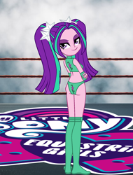 Size: 1340x1765 | Tagged: safe, artist:invisibleink, imported from derpibooru, aria blaze, equestria girls, ass, breasts, butt, clothes, cutie mark, elbow pads, female, knee pads, looking at you, pose, solo, sports, sports bra, sports panties, wrestler, wrestling, wrestling ring