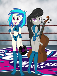 Size: 1340x1765 | Tagged: safe, artist:invisibleink, imported from derpibooru, dj pon-3, octavia melody, vinyl scratch, equestria girls, ass, breasts, butt, cello, clothes, cutie mark, elbow pads, female, knee pads, looking at you, musical instrument, record, sports, sports bra, sports panties, wrestler, wrestling, wrestling ring