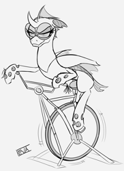 Size: 4000x5500 | Tagged: safe, artist:evan555alpha, imported from ponybooru, oc, oc only, oc:yvette (evan555alpha), changeling, bicycle, changeling oc, determined, dorsal fin, elytra, evan's daily buggo, exercise, exercise bike, fangs, female, floppy ears, glasses, motion lines, ponybooru exclusive, raised hoof, raised leg, riding, round glasses, signature, simple background, sketch, solo, spread wings, tassels, white background, wings
