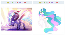 Size: 680x375 | Tagged: safe, artist:galaxyswirlsyt, artist:xbi edits, edit, imported from derpibooru, princess celestia, pony, derpibooru, juxtaposition, meta