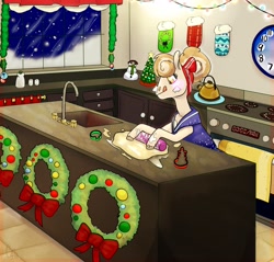 Size: 2048x1960 | Tagged: safe, artist:roseanon4, imported from derpibooru, oc, oc only, oc:cinnamon spangled, earth pony, pony, baking, bandana, biting, cafe, christmas, christmas lights, christmas stocking, christmas tree, christmas wreath, clock, clothes, dough, female, food on face, garland, holiday, kitchen, mare, sink, solo, tongue bite, tongue out, tree, wreath