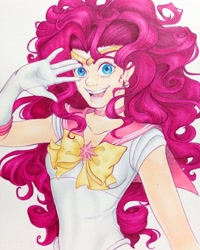 Size: 1080x1350 | Tagged: safe, artist:anabarana, imported from derpibooru, pinkie pie, human, bust, clothes, ear piercing, female, gloves, humanized, long gloves, open mouth, piercing, sailor moon, simple background, smiling, solo, traditional art, white background