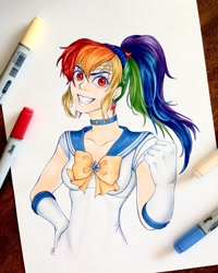 Size: 1080x1350 | Tagged: safe, artist:anabarana, imported from derpibooru, rainbow dash, human, alternate hairstyle, bust, choker, clothes, female, fist pump, gloves, grin, humanized, long gloves, sailor moon, simple background, smiling, solo, traditional art, white background