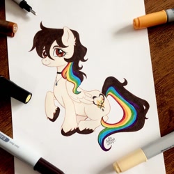 Size: 1080x1080 | Tagged: safe, artist:anabarana, imported from derpibooru, oc, oc only, pegasus, pony, bust, choker, female, jewelry, mare, multicolored hair, necklace, pegasus oc, rainbow hair, signature, simple background, sitting, smiling, solo, traditional art, unshorn fetlocks, white background, wings