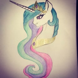 Size: 1080x1080 | Tagged: safe, artist:cats_drawings_cos, imported from derpibooru, princess celestia, alicorn, pony, bust, eyelashes, female, grin, horn, jewelry, mare, peytral, smiling, solo, tiara, traditional art