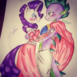 Size: 1080x1080 | Tagged: safe, alternate version, artist:cats_drawings_cos, imported from derpibooru, rarity, spike, anthro, dragon, unicorn, bedroom eyes, blushing, breasts, cape, clothes, colored, dress, evening gloves, female, fingerless elbow gloves, fingerless gloves, gloves, horn, long gloves, looking at each other, male, shipping, signature, smiling, sparity, straight, traditional art