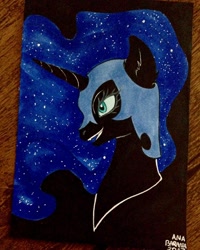 Size: 1080x1350 | Tagged: safe, artist:anabarana, imported from derpibooru, nightmare moon, alicorn, pony, bust, ethereal mane, female, grin, helmet, horn, inktober 2017, mare, signature, smiling, solo, starry mane, traditional art