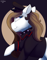 Size: 1821x2314 | Tagged: safe, artist:flashnoteart, imported from derpibooru, oc, oc only, oc:chocolate fudge, pony, bust, clothes, collar, colored, commission, female, hat, looking back, portrait, simple background, solo, uniform