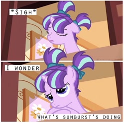 Size: 1497x1506 | Tagged: safe, artist:pcnycity3, edit, imported from derpibooru, starlight glimmer, pony, unicorn, base used, female, filly, filly starlight glimmer, grammar error, implied shipping, implied starburst, implied straight, implied sunburst, manip, sad, younger