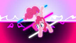 Size: 7680x4320 | Tagged: safe, artist:cloudy glow, artist:cloudyglow, artist:game-beatx14, edit, imported from derpibooru, pinkie pie, earth pony, pony, balancing, female, mare, solo, wallpaper, wallpaper edit