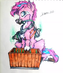 Size: 2780x3202 | Tagged: safe, artist:creature.exist, imported from derpibooru, pinkie pie, earth pony, pony, bottle, box, chemistry, chempunk, drink, equipment, fluffy, hooves, league of legends, mask, photo, sitting, solo, steampunk, technology, traditional art, zaun