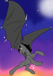 Size: 748x1080 | Tagged: safe, artist:aryasakurada, imported from derpibooru, oc, oc only, alicorn, bat pony, bat pony alicorn, pony, bat wings, flying, horn, looking back, night, open mouth, outdoors, solo, wings