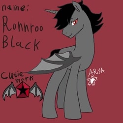 Size: 342x342 | Tagged: safe, artist:aryasakurada, imported from derpibooru, oc, oc only, alicorn, bat pony, bat pony alicorn, pony, bat pony oc, bat wings, horn, looking back, male, red background, reference sheet, signature, simple background, smiling, solo, stallion, wings