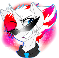 Size: 1628x1600 | Tagged: safe, artist:juliet-gwolf18, imported from derpibooru, oc, oc only, pony, unicorn, bust, clothes, eyelashes, female, grin, horn, mare, necktie, simple background, smiling, solo, sunglasses, transparent background, unicorn oc