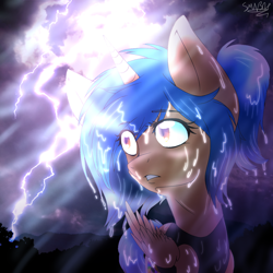 Size: 1200x1200 | Tagged: safe, artist:juliet-gwolf18, imported from derpibooru, oc, oc only, oc:sketchy, alicorn, pony, alicorn oc, clothes, cloud, eyelashes, female, horn, lightning, looking back, mare, outdoors, scared, sweat, wide eyes, wings