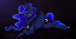 Size: 3603x1863 | Tagged: safe, artist:miokomata, imported from derpibooru, princess luna, alicorn, pony, crossed hooves, female, freckles, lying down, mare, prone, solo