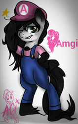 Size: 606x960 | Tagged: safe, artist:amgiwolf, imported from derpibooru, oc, oc only, oc:amgi, earth pony, semi-anthro, clothes, coat markings, cosplay, costume, earth pony oc, female, grin, hat, mario, one eye closed, overalls, signature, smiling, socks (coat marking), socks (coat markings), solo, super mario bros., wink