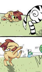 Size: 2503x4243 | Tagged: safe, artist:colochenni, imported from derpibooru, oc, oc:anon, big cat, lion, zebra, 2 panel comic, angry, bad pony, comic, female, hunting, imminent pounce, lion pony, lioness/pony, no, savanna, scratching, spray bottle