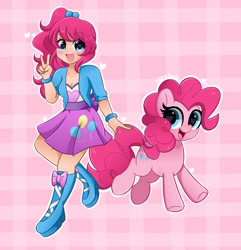 Size: 3945x4096 | Tagged: safe, artist:kittyrosie, imported from derpibooru, pinkie pie, earth pony, pony, equestria girls, alternate hairstyle, blushing, bracelet, breasts, cleavage, clothes, cute, diapinkes, female, heart eyes, human coloration, human ponidox, jewelry, open mouth, peace sign, self paradox, self ponidox, shoes, wingding eyes