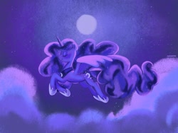 Size: 2048x1536 | Tagged: safe, artist:cherrnichka, artist:cherrnichka2, imported from derpibooru, princess luna, alicorn, pony, cloud, eyes closed, female, flying, full moon, mare, moon, night, profile, sky, smiling, solo, spread wings, wings