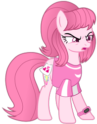 Size: 964x1227 | Tagged: safe, artist:muhammad yunus, artist:tanahgrogot, imported from derpibooru, oc, oc only, oc:annisa trihapsari, earth pony, pony, alternate hairstyle, angry, base used, bedroom eyes, clothes, female, heart, mare, open mouth, pink body, pink hair, simple background, solo, suspicious, transparent background, unamused, vector, watch