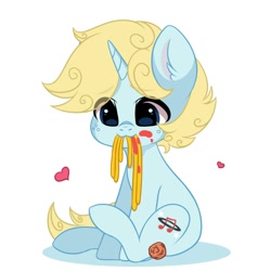 Size: 1080x1080 | Tagged: safe, artist:yomechka, imported from derpibooru, oc, oc only, pony, unicorn, animated, animated at source, commission, food, freckles, heart, mouth hold, pasta, solo, spaghetti, tail wag, ych result