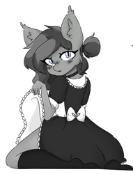 Size: 2270x2966 | Tagged: safe, artist:chewybun, imported from derpibooru, oc, oc:crescent, anthro, bat pony, blushing, clothes, commission, looking at you, maid, skirt, skirt lift, socks, stocking feet, ych result