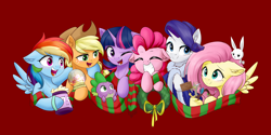 Size: 3600x1800 | Tagged: safe, artist:astery, derpibooru exclusive, imported from derpibooru, angel bunny, applejack, discord, fluttershy, pinkie pie, princess celestia, princess luna, rainbow dash, rarity, spike, starlight glimmer, twilight sparkle, draconequus, dragon, earth pony, pegasus, pony, rabbit, unicorn, :i, animal, chest fluff, cute, ear fluff, eyes closed, female, group, hearth's warming, hoof around neck, i mean i see, looking at you, male, mane seven, mane six, mare, micro, mug, one eye closed, open mouth, red background, side hug, sign, simple background, smiling, snow globe, wink, wreath