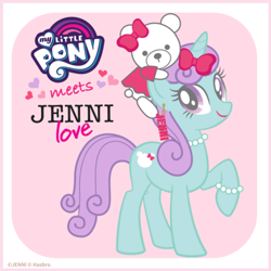 Size: 720x720 | Tagged: safe, imported from derpibooru, oc, oc only, oc:jenni, oc:jenni love, pony, unicorn, bow, bracelet, collaboration, female, g4, green coat, hair bow, jenni love, jennico, jewelry, logo, mare, mascot, my little pony logo, necklace, official, pearl necklace, plushie, purple eyes, purple hair, solo, teddy bear