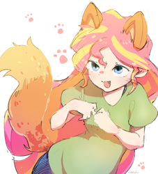 Size: 1148x1266 | Tagged: safe, artist:fuyugi, artist:nendo, imported from derpibooru, sunset shimmer, fox, human, hybrid, original species, equestria girls, animal ears, cute, cute little fangs, fangs, fox tail, furry, hair, kemonomimi, kitsune, long hair, open mouth, solo, whiskers