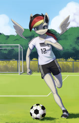 Size: 1900x2974 | Tagged: safe, artist:mrscroup, imported from derpibooru, oc, oc only, oc:anja snow, anthro, pegasus, plantigrade anthro, clothes, cloud, commission, confident, female, football, german dash, germany, high res, not rainbow dash, outdoors, pegasus oc, running, shirt, shoes, shorts, smiling, sneakers, soccer ball (object), soccer field, solo, sports, sports shorts, t-shirt, tree, uniform, wings