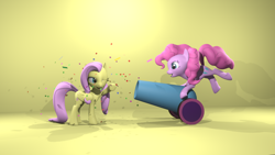 Size: 1920x1080 | Tagged: safe, artist:redarrow2, imported from derpibooru, fluttershy, pinkie pie, pony, 3d, one eye closed, party cannon, smiling